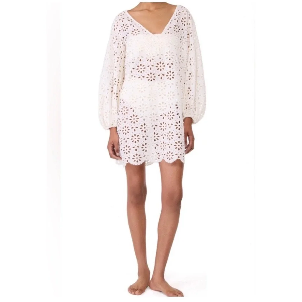 Kate Spade Eyelet Cover-Up Dress medium White NEW Balloon Sleeve Scalloped Boho